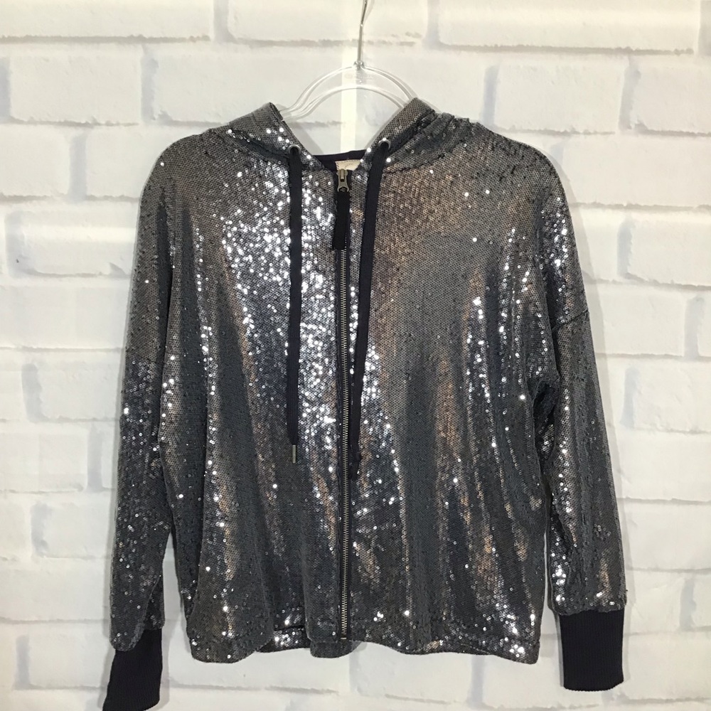 Anthropologie Postmark‎ Blue/ Silver Hooded Sequin Sweat Jacket Sz. XS - Picture 2 of 7